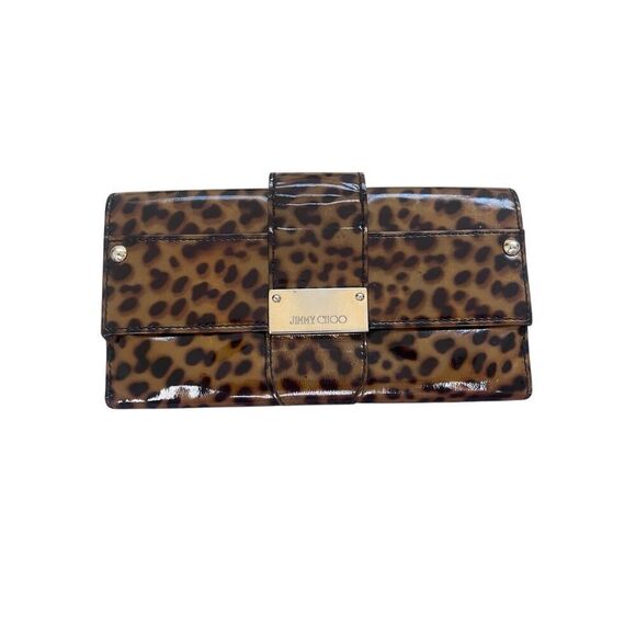 Jimmy Choo Brown Black Leopard Print Patent Leather Bifold Continental Wallet - Picture 1 of 9